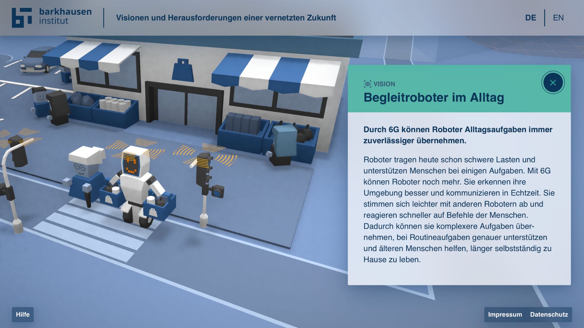 3D-Szene mit Roboter, der einer älteren Person Einkaufstaschen trägt; daneben Infotafel zur Rolle von 6G im Alltagseinsatz von Robotern.